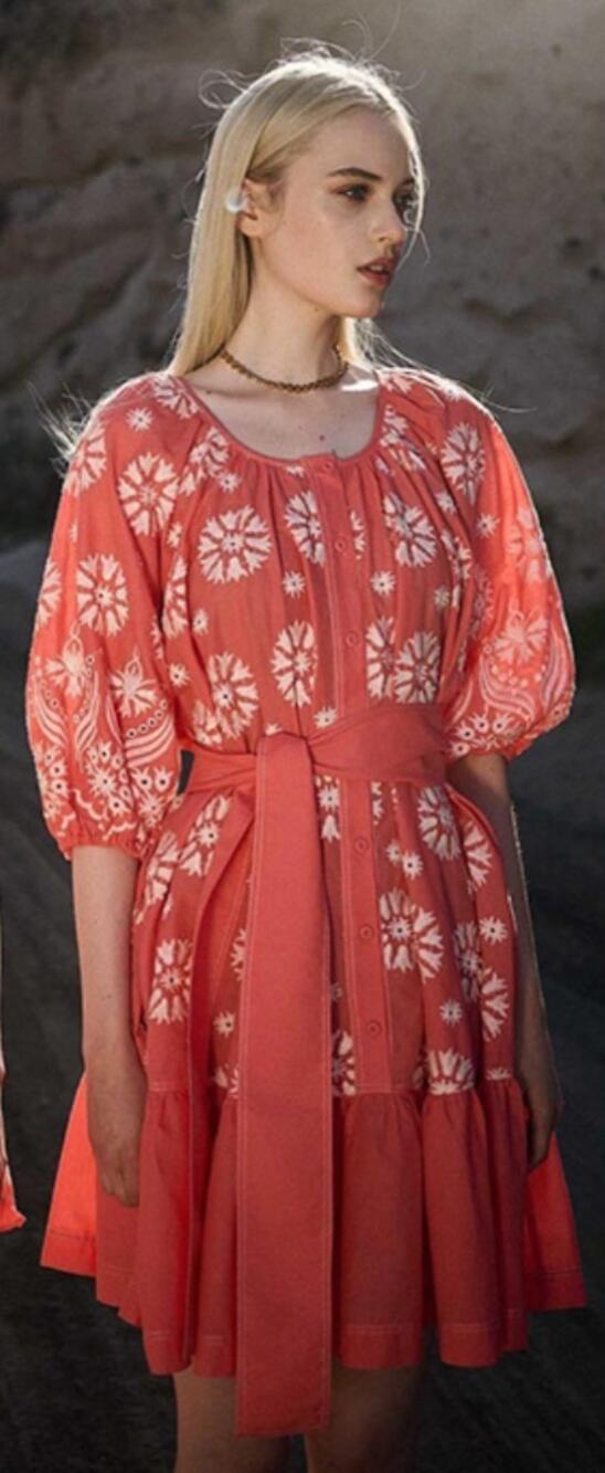 Devotion Twins | Coral Embroidered Cotton Mini Dress Tassel Boho Greece S